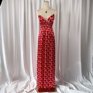Vintage Ruby Rox Red White Circle Print Smocked Empire Waist Maxi Dress